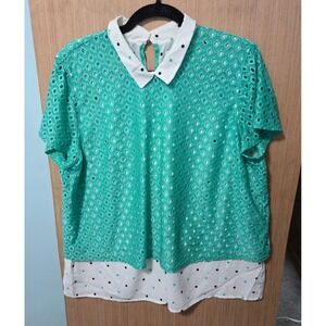 ELLE Size XXL Ladies Layer Green Lace Polka Dot Blouse Short Sleeve White Collar